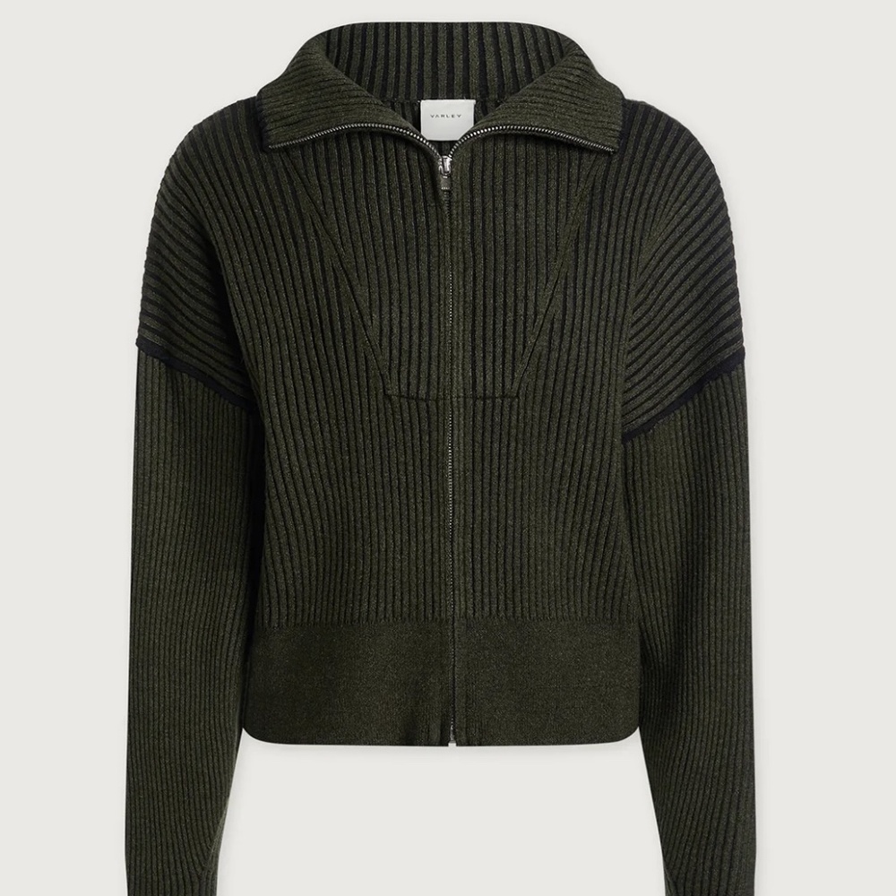 Varley Carmen Zip-Through Rib Knit Dark Olive Cropped Boxy Fit Contemporary sz S